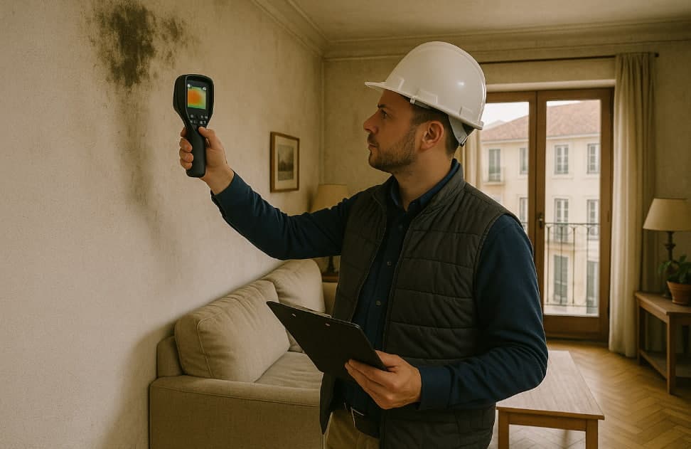 PIDS inspector using a thermal imaging camera to detect moisture and hidden defects inside a Portuguese property before purchase