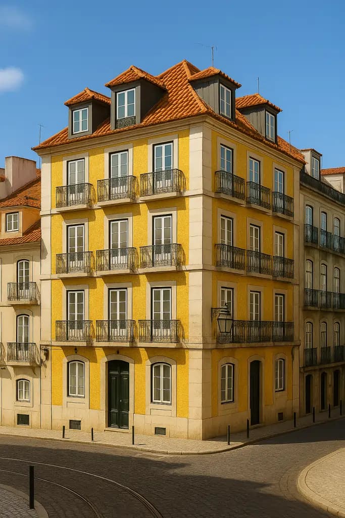 An older Lisbon apartment building with wrought iron balconies